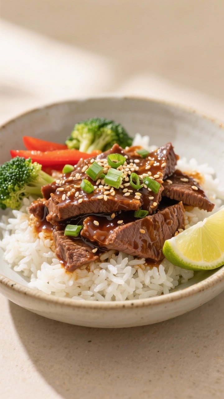 Final plated dish: Beautifully plated Slow Cooker Teriyaki Beef over steamed jasmine rice in a wide,