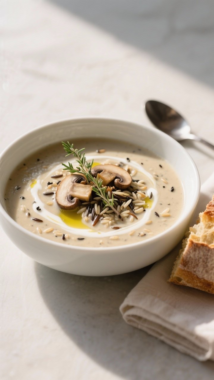 Final plated dish beauty: Restaurant-quality bowl of Crockpot Creamy Wild Rice and Mushroom Soup ser