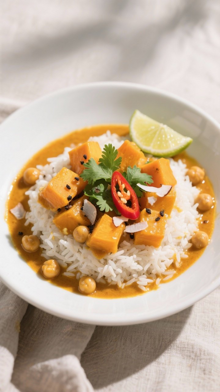 Final plated dish beauty: Silky Butternut Squash Curry ladled over fluffy jasmine rice in a shallow 