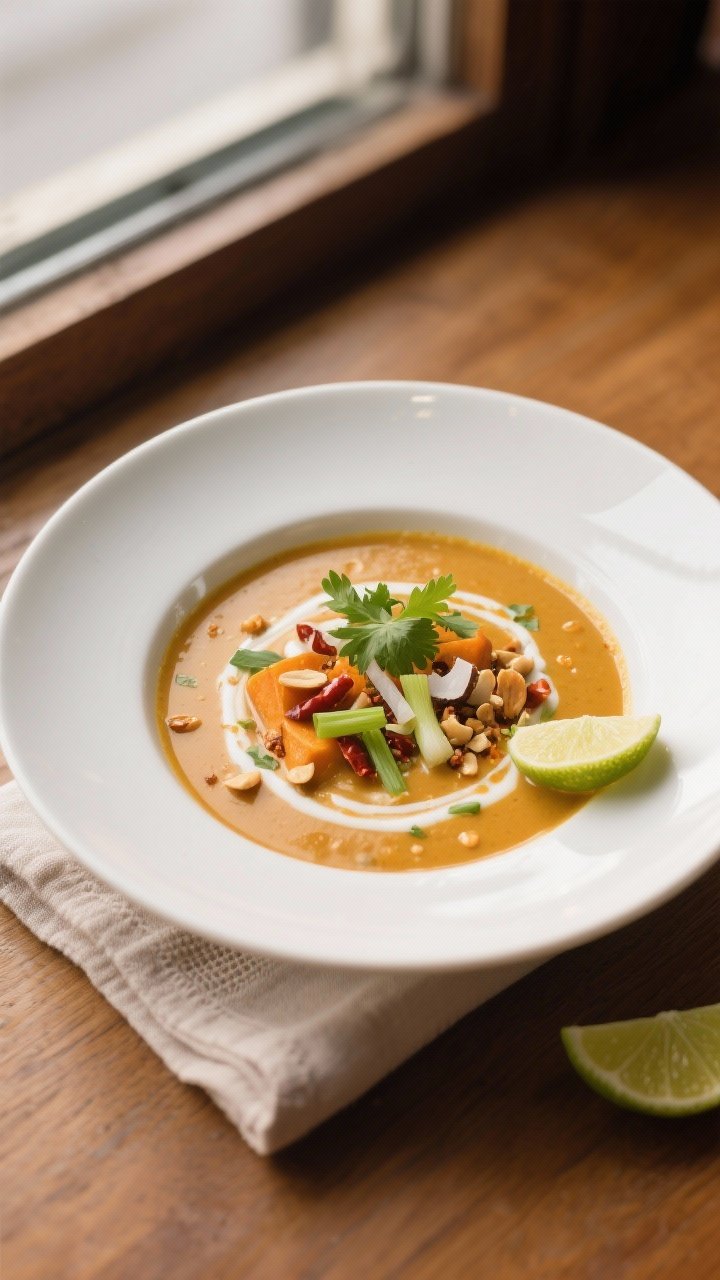 Final plated dish, restaurant presentation: A wide, shallow white bowl filled with creamy sweet pota