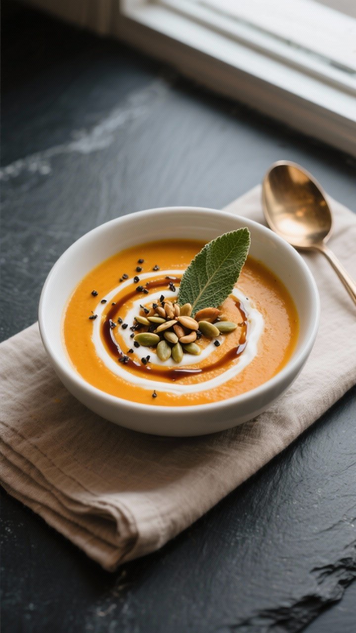 Final plated dish: Restaurant-quality bowl of Maple Pumpkin Soup served in a wide matte-white bowl o