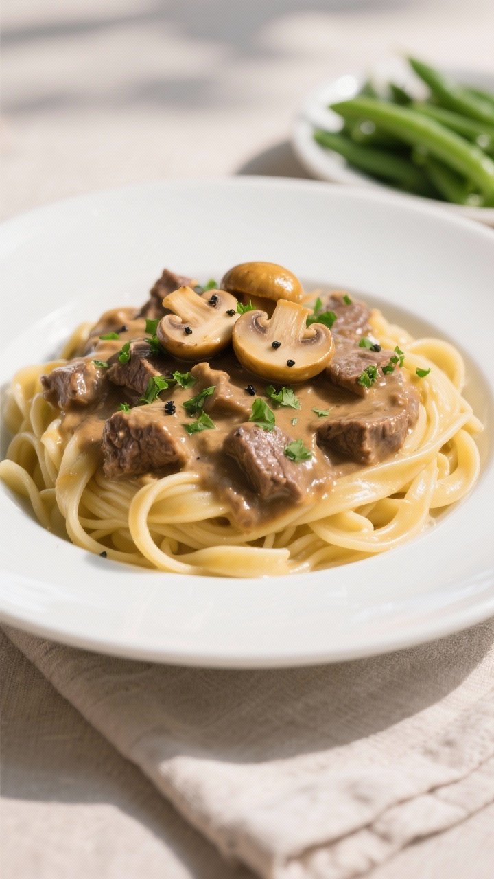 Final plated dish: Restaurant-quality presentation of Crockpot Beef Stroganoff spooned generously ov