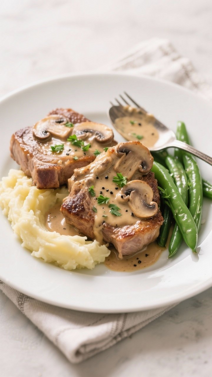 Final plated dish: Restaurant-quality presentation of Creamy Mushroom Pork Chops on a wide white pla