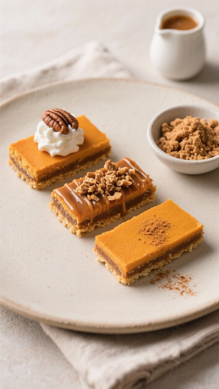 Final plated dish, top-down: An elegant dessert plate with three small bars arranged in a staggered 