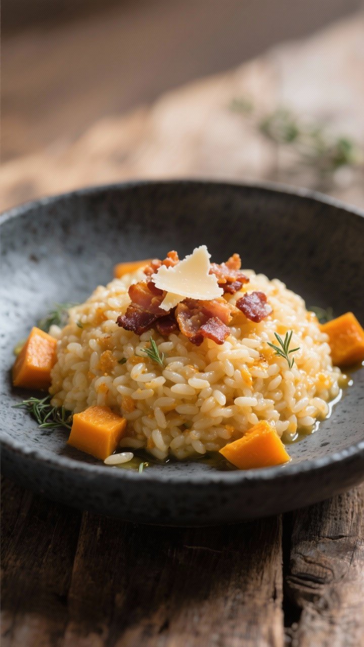 Final plated elegance: Hero close-up of a plated mound of butternut squash risotto with a gentle spr