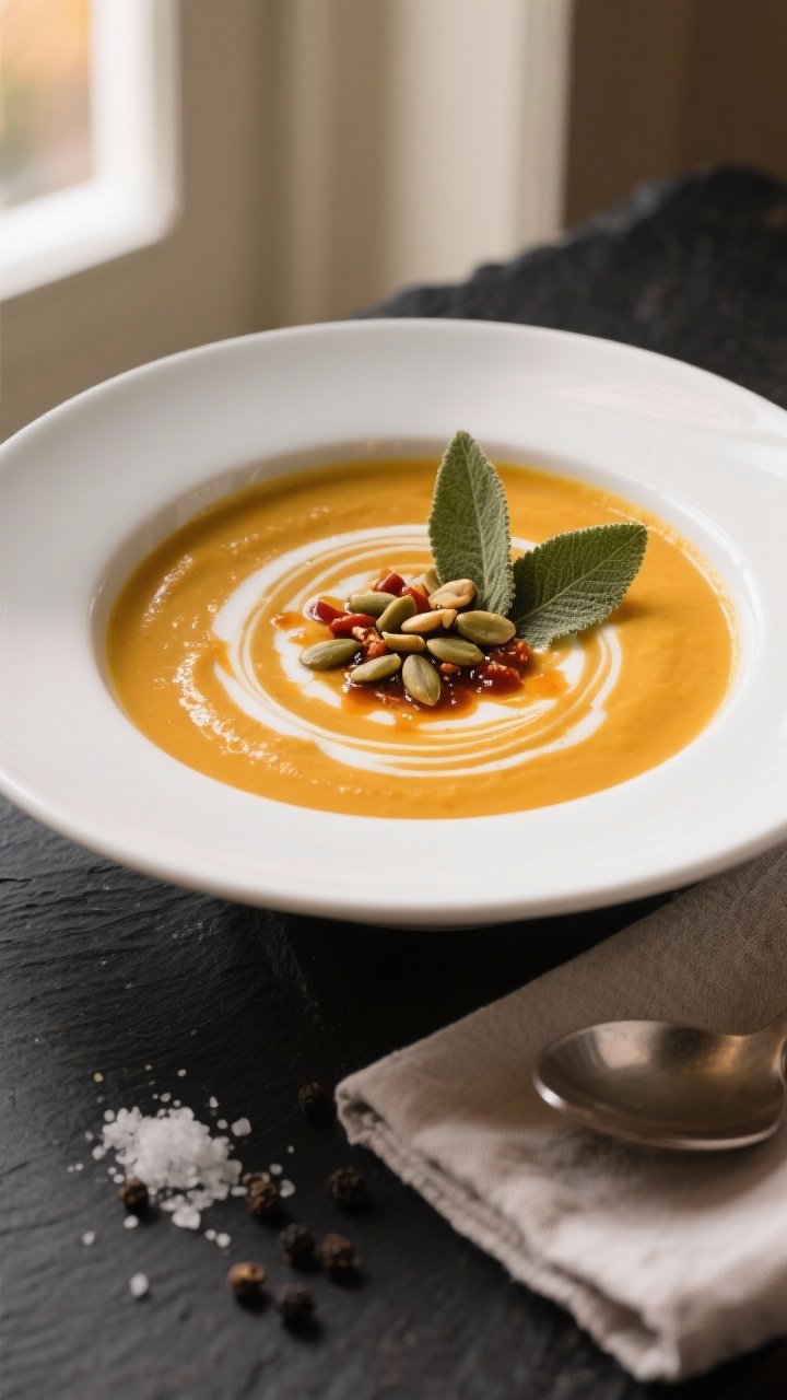 Final plated hero: Restaurant-quality bowl of Slow Cooker Butternut Squash Soup, ultra-smooth and gl