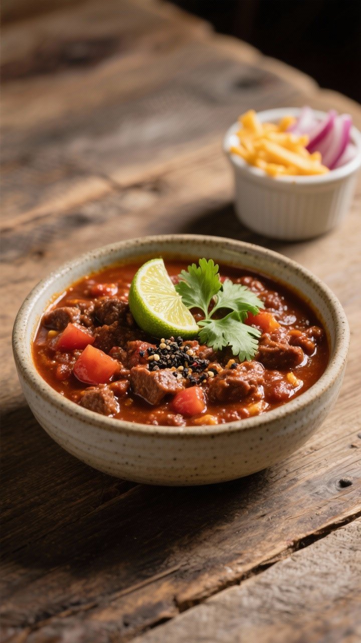 Final plated hero: Restaurant-quality presentation of beef chili served in a shallow stoneware bowl 