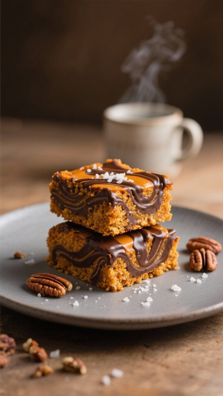 Final plated hero shot: a stack of two to three Chocolate Swirl Pumpkin Bars on a matte ceramic dess
