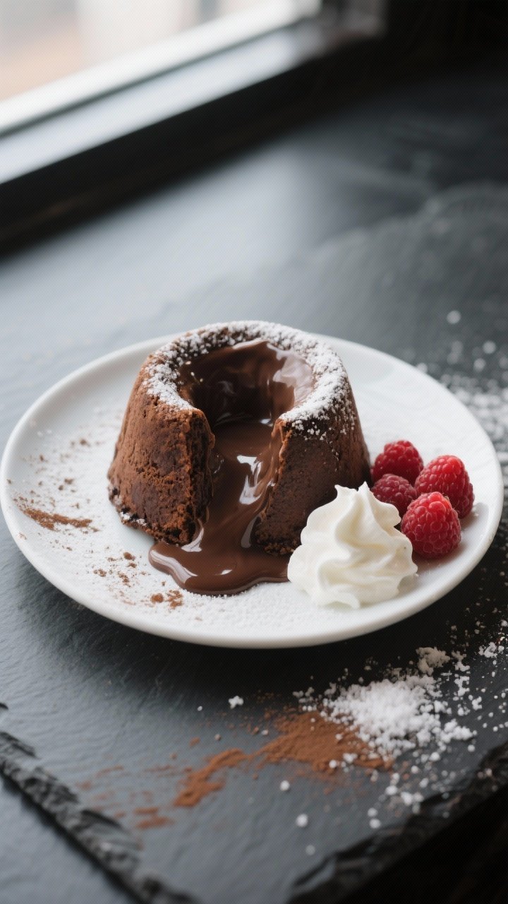 Final plated hero shot: Keto chocolate lava cake inverted onto a small white dessert plate, lava cor