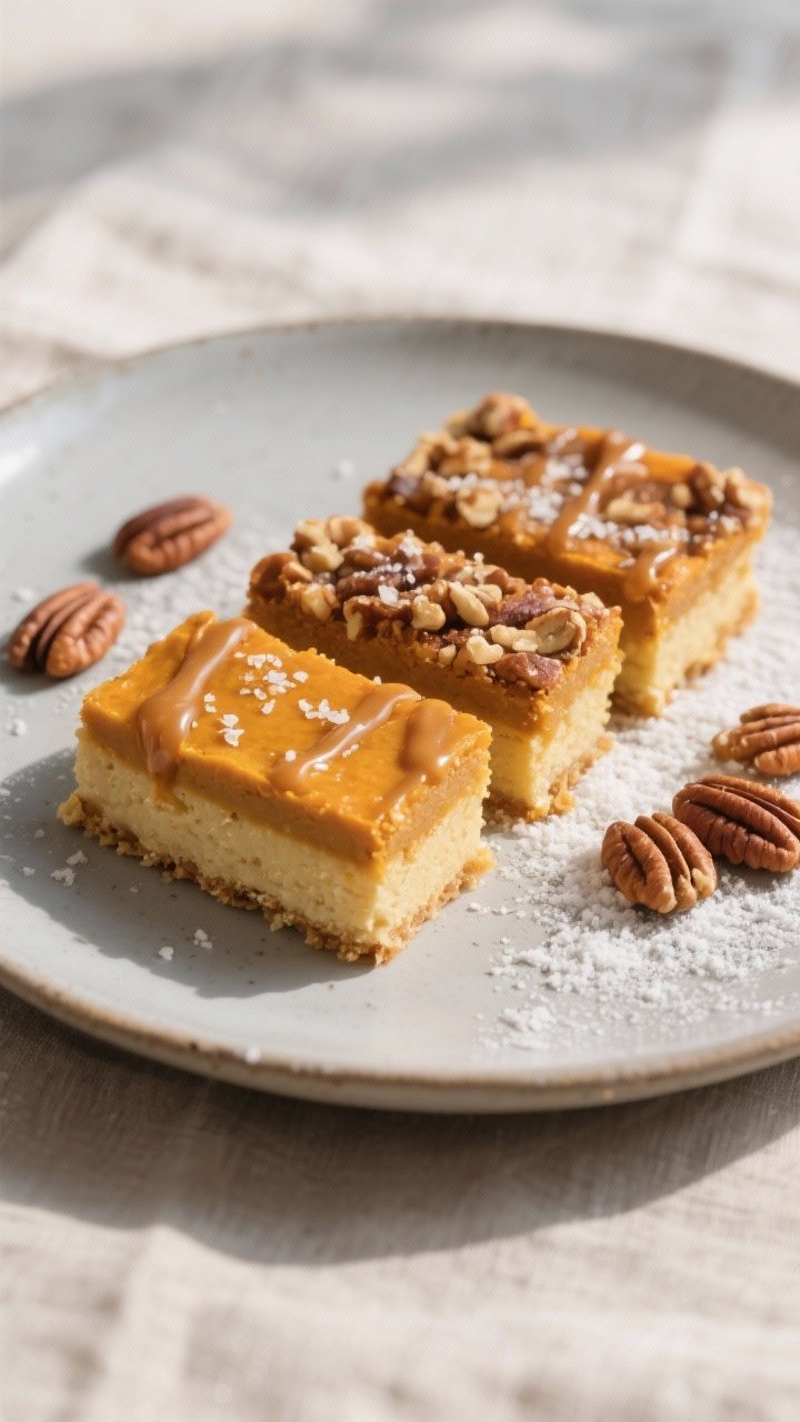 Final plated hero shot: Neatly sliced pumpkin pecan bars (clean, sharp edges) arranged on a matte ce