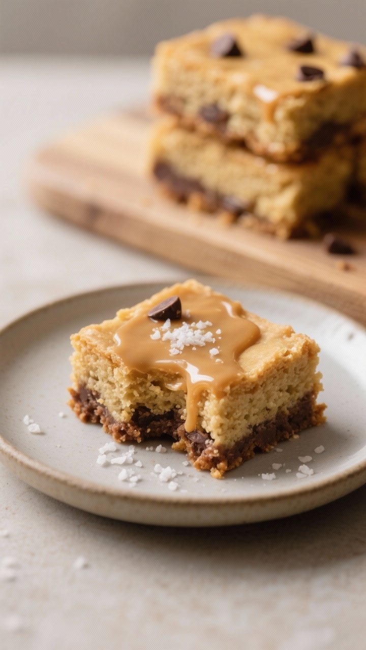 Final plated hero shot of a single blondie square on a small matte ceramic plate: interior bite take