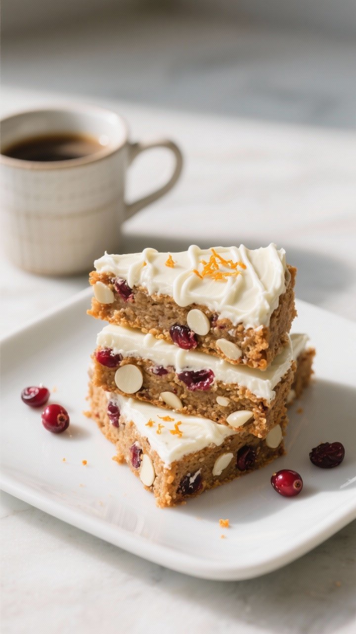 Final plated presentation: Bakery-beautiful cranberry bliss triangles stacked slightly offset on a m