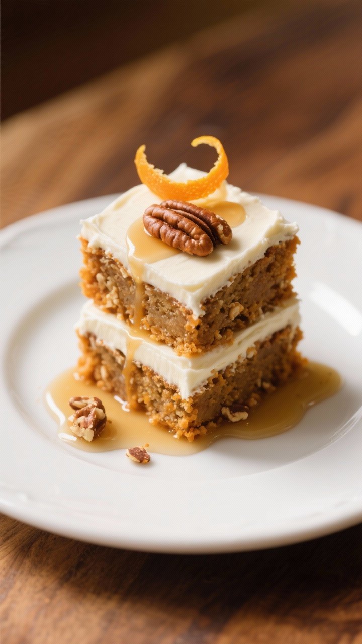 Final plated presentation: Elegant dessert plate with two frosted vegan pumpkin bar squares stacked 