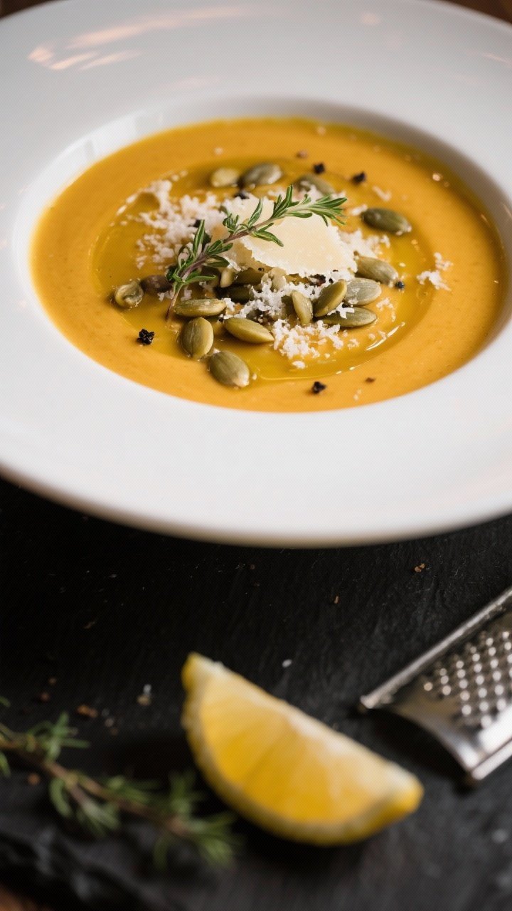 Final plated presentation: Restaurant-quality bowl of Creamy Pumpkin Soup finished with a glossy oli
