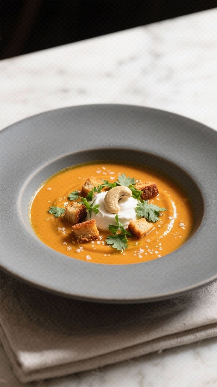Final plated presentation: Restaurant-quality plating of roasted sweet potato soup in a low, wide ce
