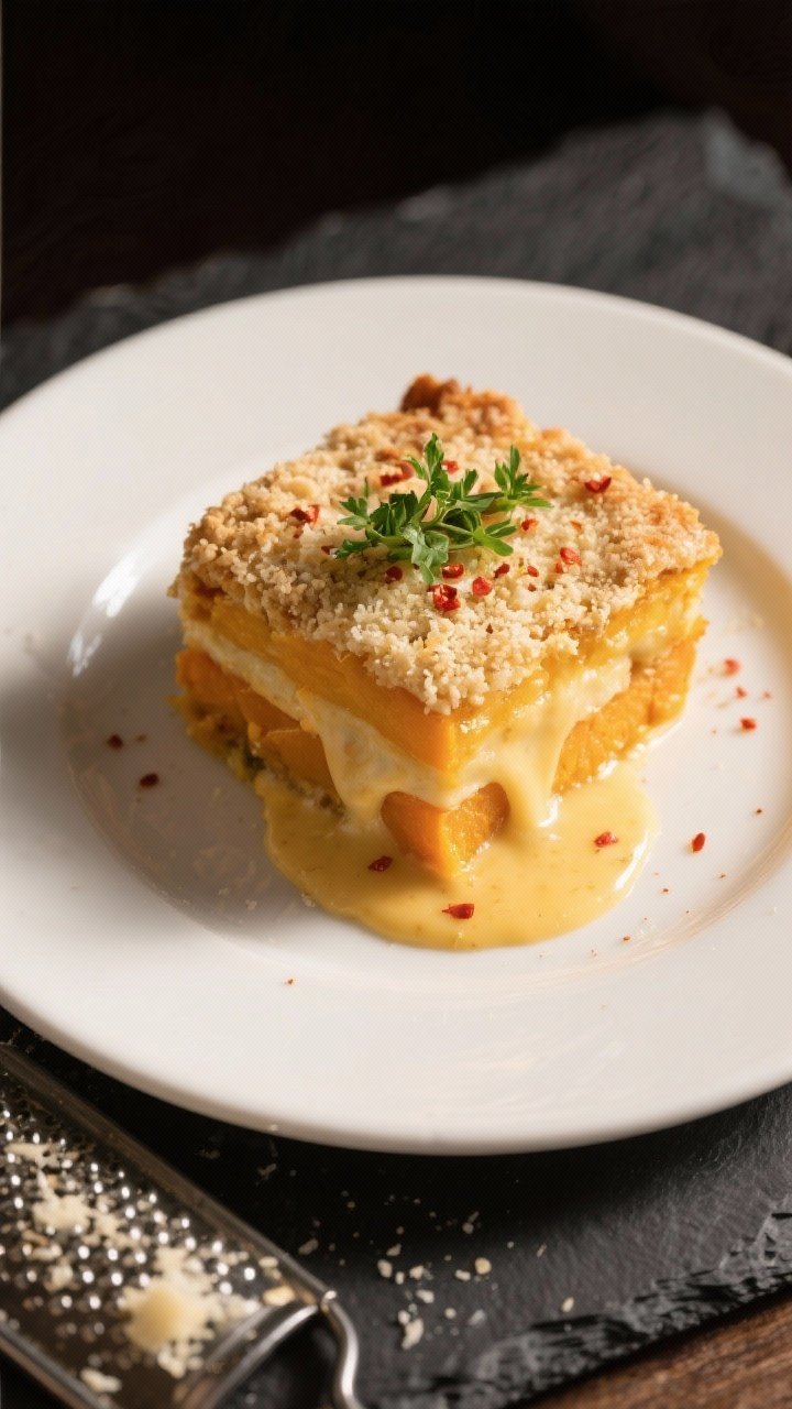 Final plated presentation: restaurant-quality slice of Cheesy Butternut Squash Casserole on a warm w