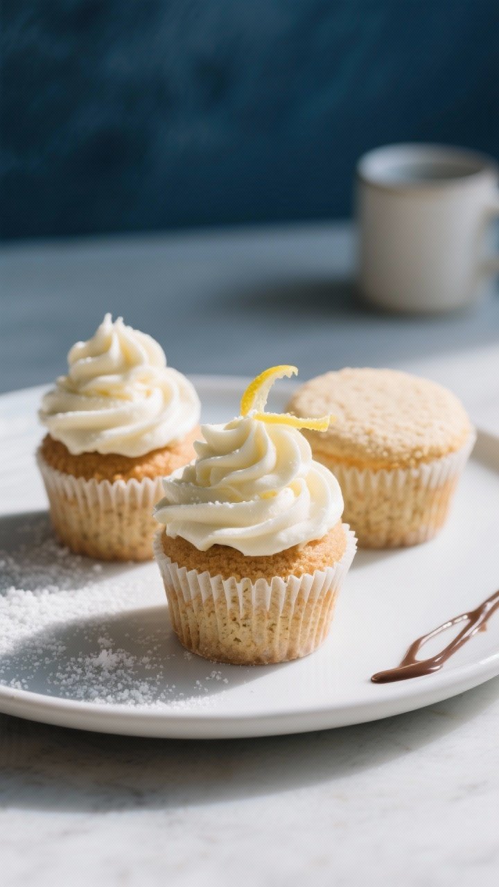 Final plated presentation: Three keto almond flour cupcakes on a matte white dessert plate—two top