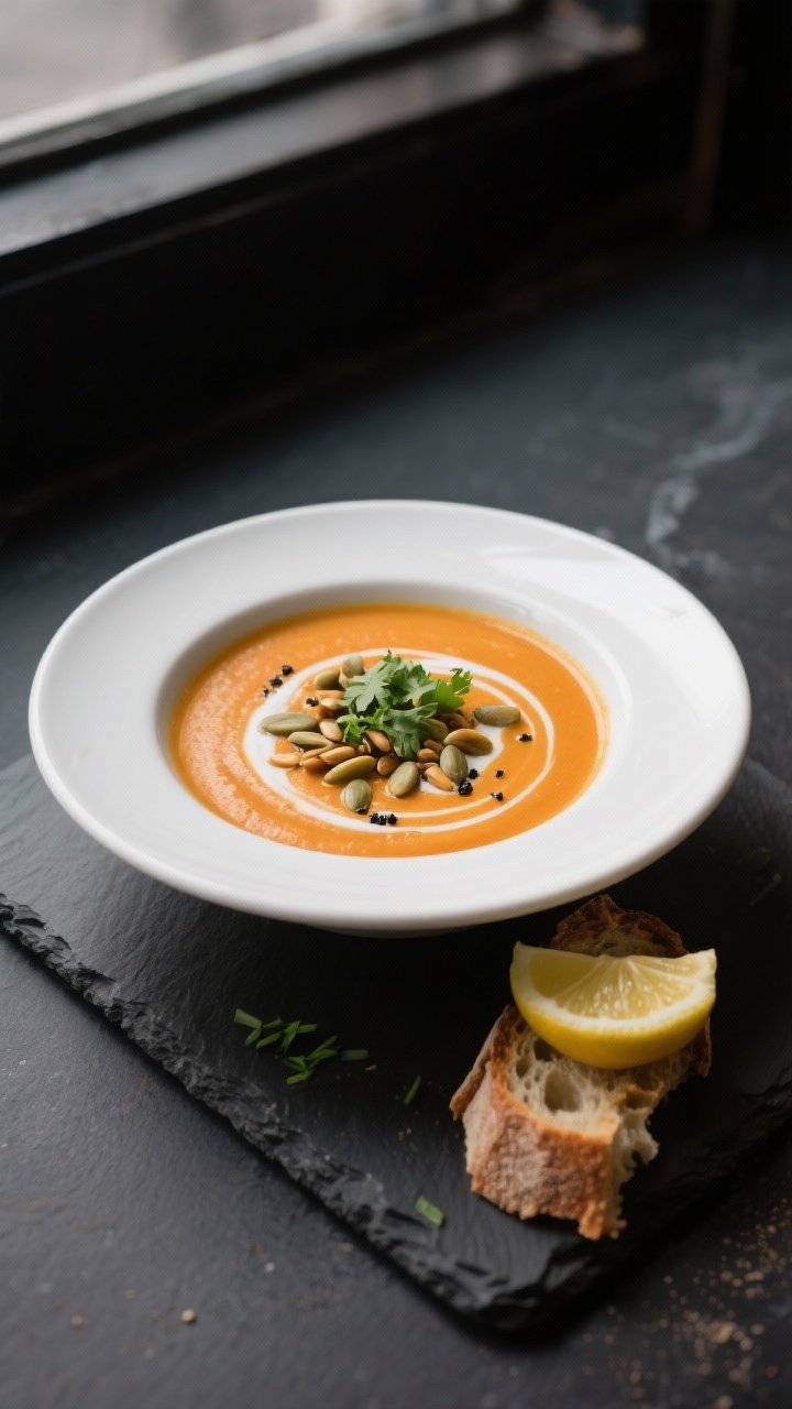 Final plated, restaurant-quality presentation: A deep white bowl of Sweet Potato Ginger Soup with a