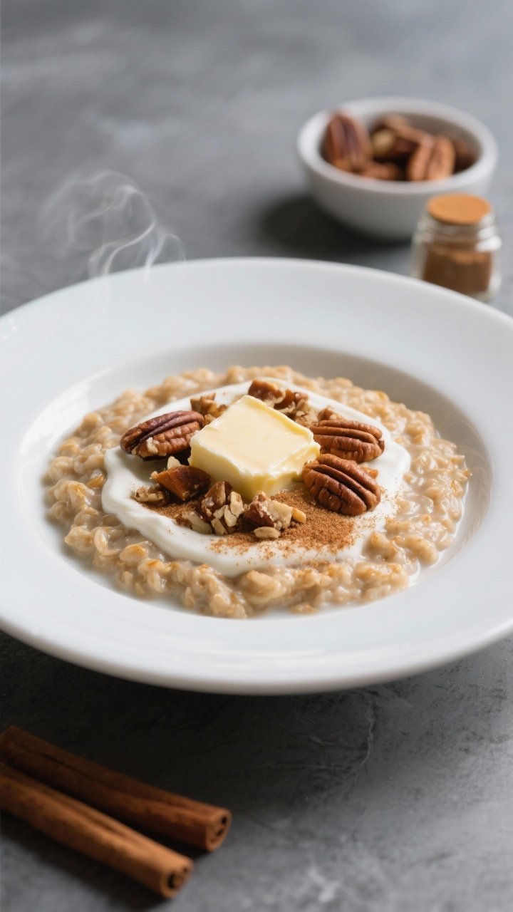 Final plated, restaurant-quality presentation: Elegantly styled pumpkin spice oatmeal in a wide, sha