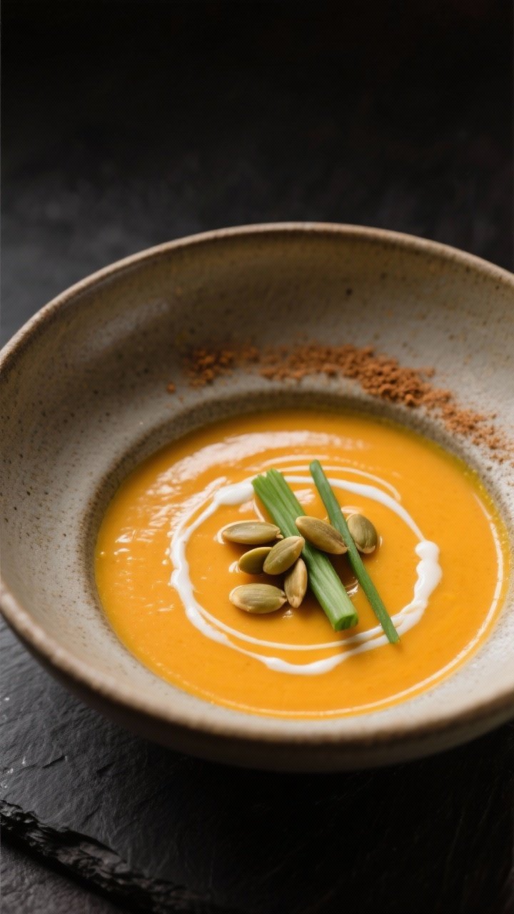 Final plated restaurant-quality presentation: Elevated serving of butternut squash bisque in a shall