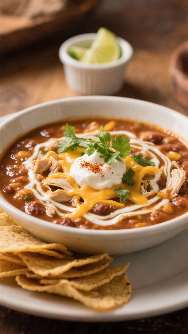 Final plated, restaurant-quality presentation of white chicken chili with a cheesy twist: glossy, th