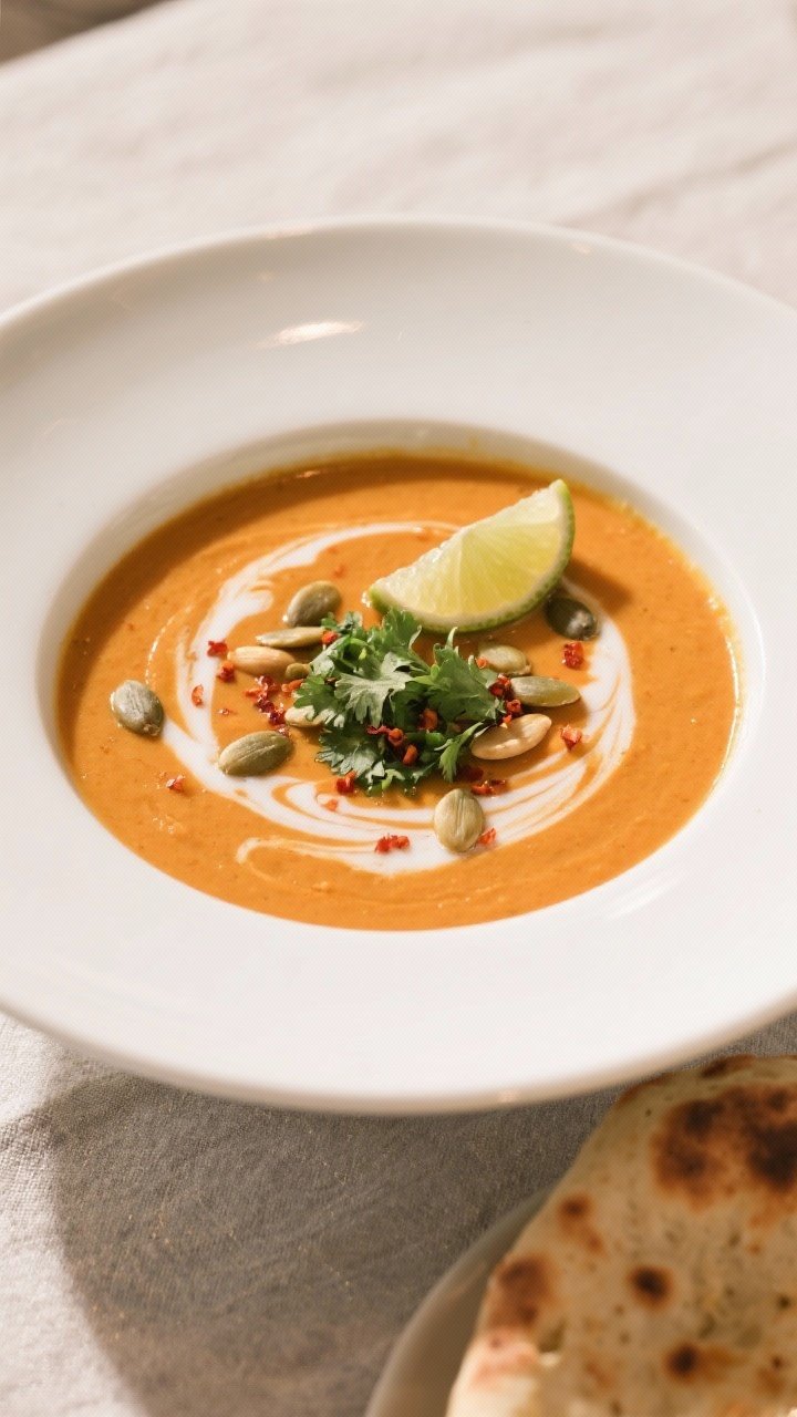 Final plated, restaurant-quality presentation: Silky Curried Sweet Potato and Carrot Soup ladled int