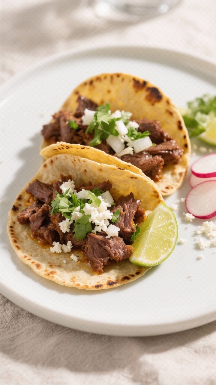 Final plated tacos: Two barbacoa beef tacos on warm, lightly charred corn tortillas, piled high with