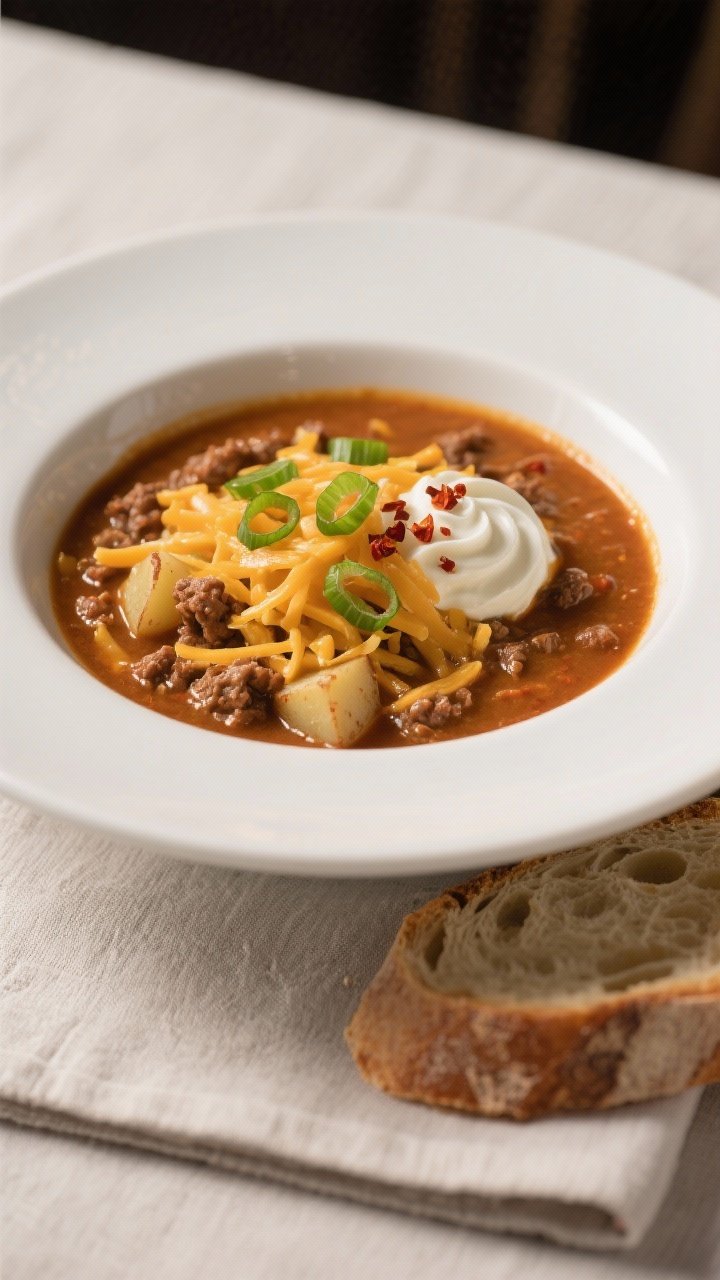 Final plated, toppings and garnish: Restaurant-quality bowl of Spicy Hamburger Potato Soup shot over