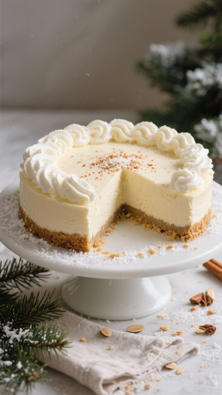 Final presentation: Beautifully plated whole keto eggnog cheesecake on a matte white cake stand, top