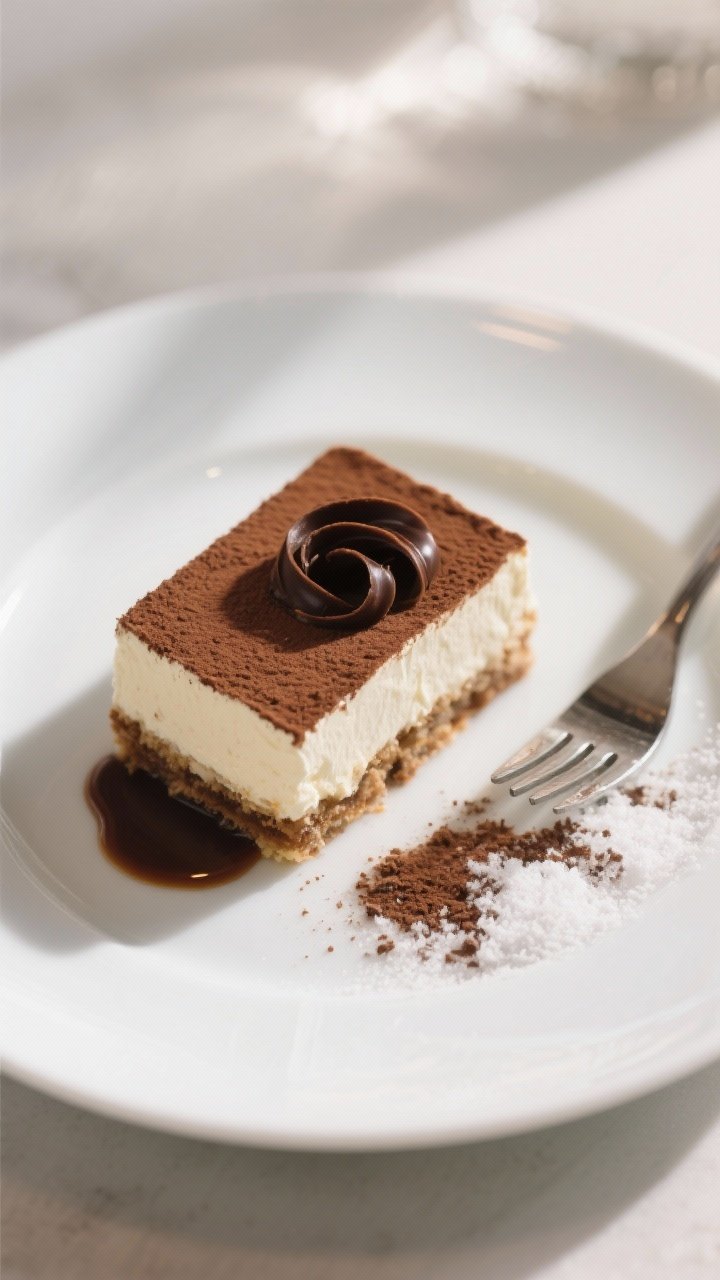 Final presentation: Restaurant-quality plated keto tiramisu square on a white modern dessert plate, 