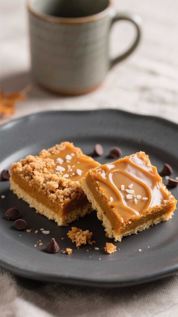 Final presentation: Restaurant-quality plated squares of Pumpkin Caramel Bars served on a matte char