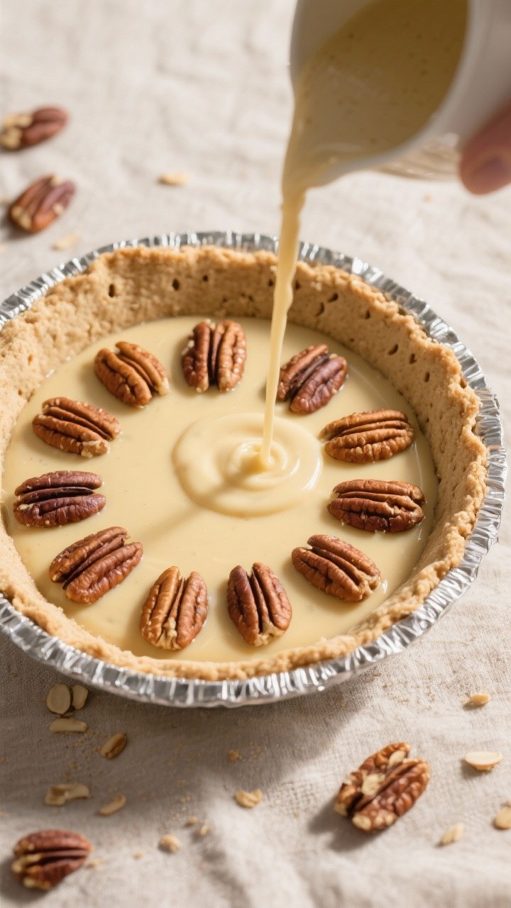 Overhead “assembly and bake” shot: Par-baked almond flour crust in a 9-inch pie dish on a linen,