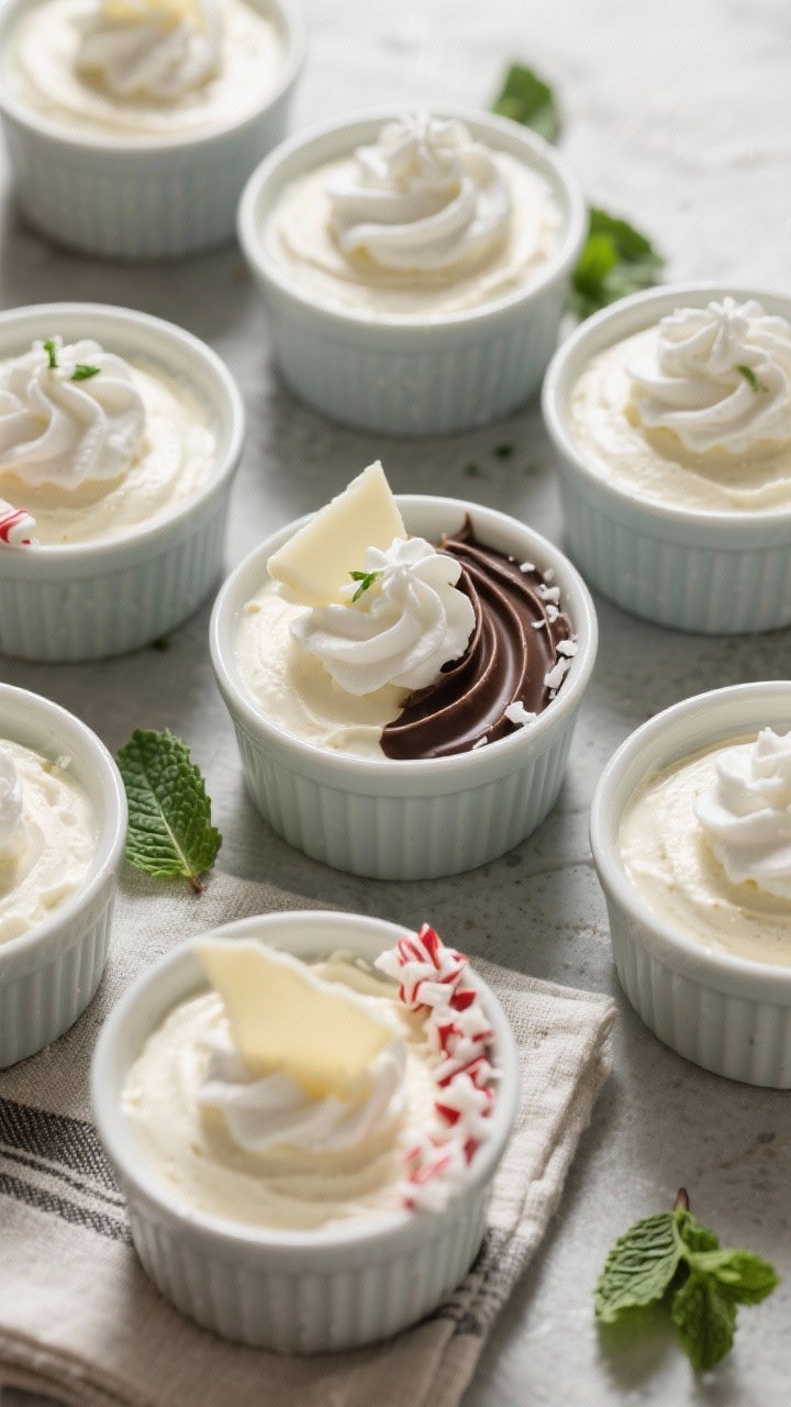 Overhead final presentation: top-down shot of multiple ramekins filled with chilled mousse, set and 