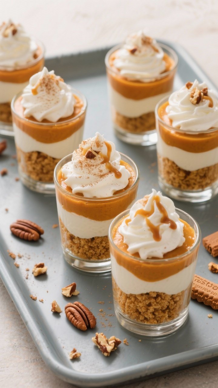 Overhead “tasty top” shot: Fully assembled Pumpkin Pudding Parfaits in 8-ounce rocks glasses arr