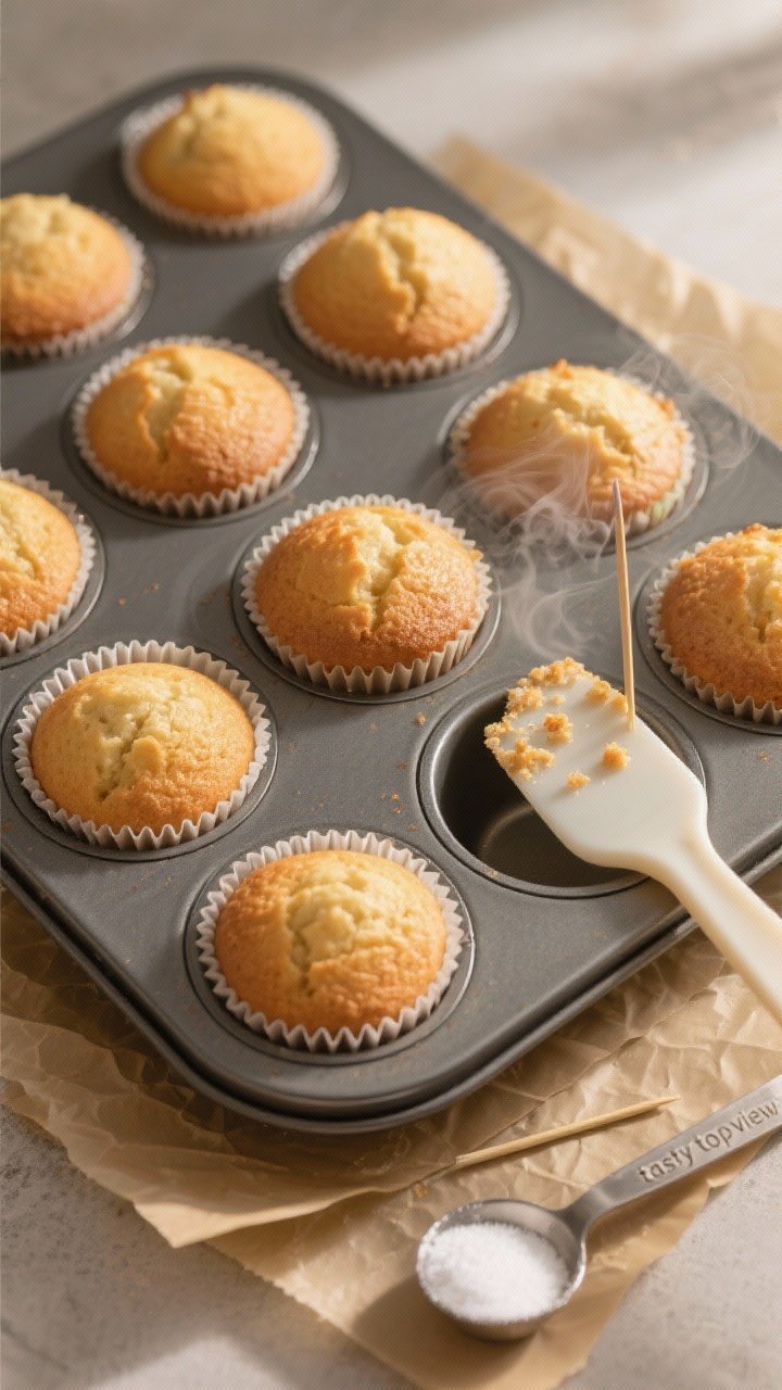 Overhead “tasty top view”: A 12-cup muffin tin filled with just-baked cupcakes, each liner about