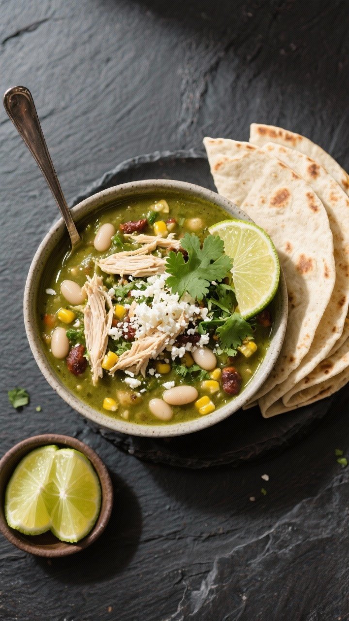 Overhead tasty top view: Hearty, ladled bowl of Green Chicken Chili Verde as a standalone stew, show