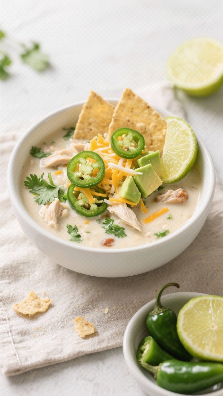 Overhead “tasty top view” of a finished bowl of creamy white chicken chili: garnished with chopp