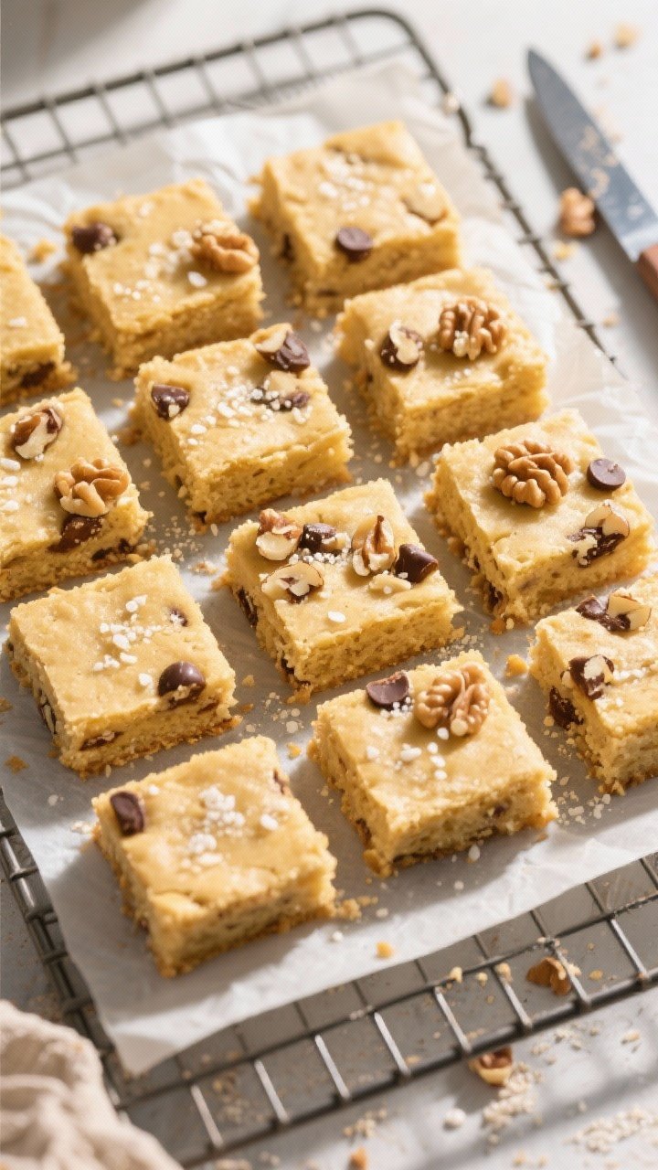 Overhead “tasty top view” of the blondies after cooling and slicing into 12 squares: arranged sl