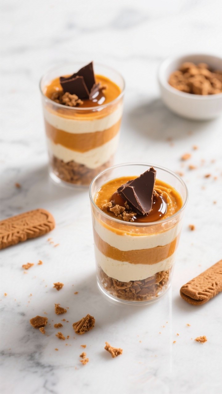 Overhead tasty top view: Pumpkin Mousse parfait layers in clear tumblers—alternating bands of mous