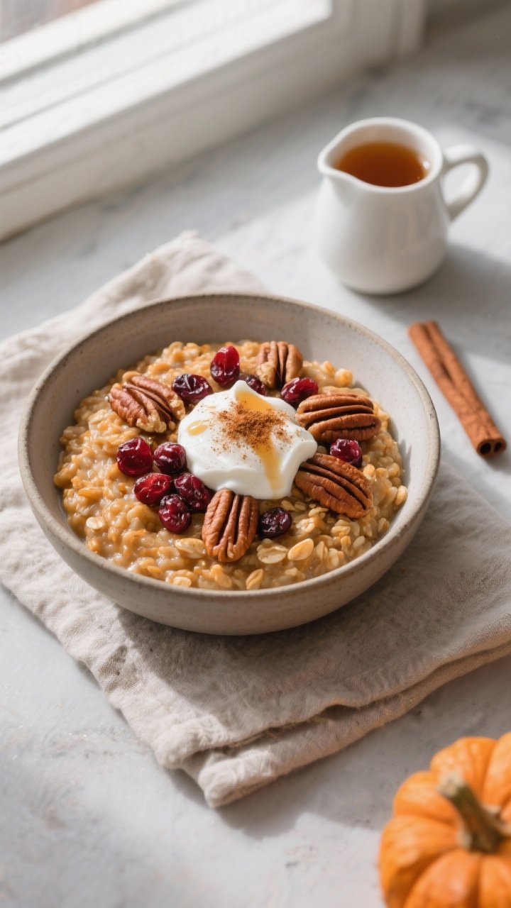 Overhead “tasty top view” shot: A cozy bowl of pumpkin spice oatmeal topped with toasted pecans,