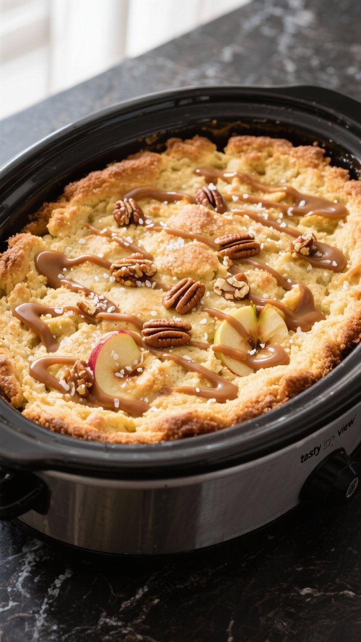 Overhead “tasty top view” shot: the finished caramel apple dump cake still in the slow cooker, t