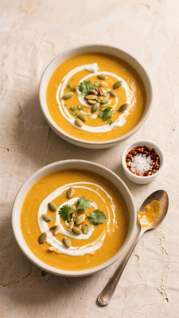 Overhead tasty top view: Top-down shot of a cozy tablescape with two bowls of Curried Pumpkin Soup s