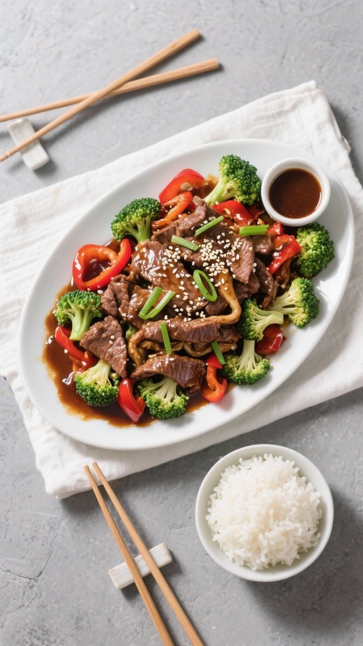 Overhead tasty top view: Top-down shot of a family-style serving platter of teriyaki beef with brocc