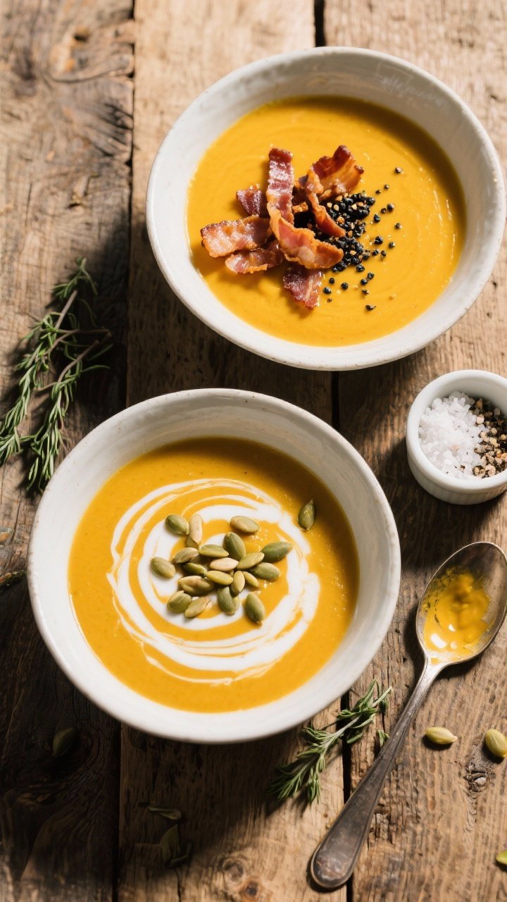 Overhead “tasty top view”: Top-down shot of two bowls of butternut squash soup on a rustic wood 