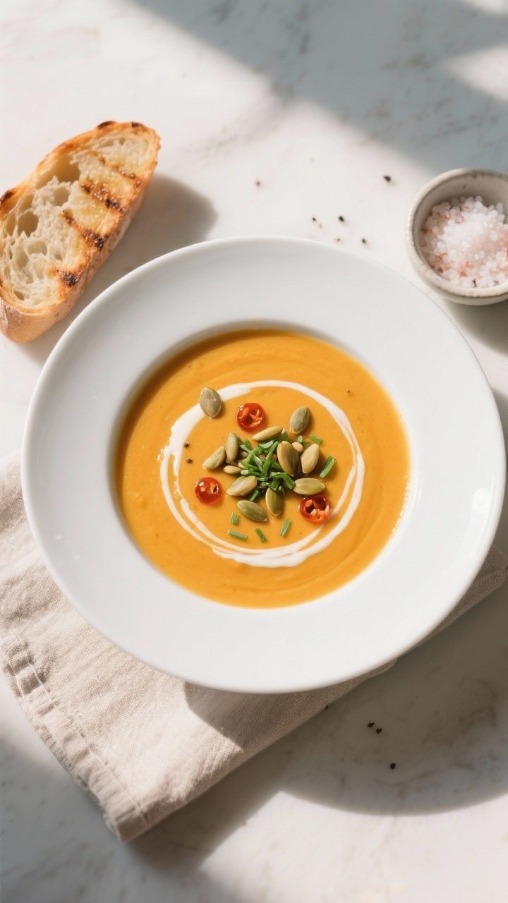 Overhead tasty top view: Ultra-smooth butternut squash bisque in a wide white bowl, vibrant pumpkin-