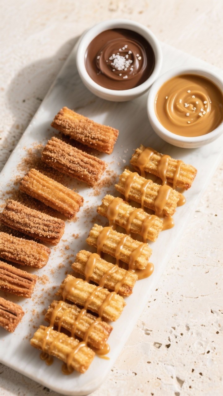 Overhead tasty top view with variation: Top-down shot of a sharing board featuring churro bites (sho