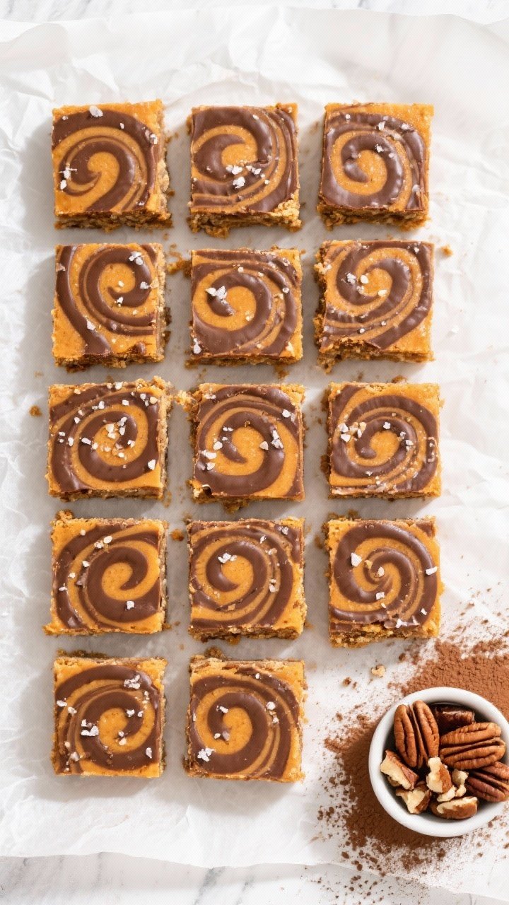 Overhead top-down shot of a neat grid of sliced Chocolate Swirl Pumpkin Bars (16 squares) arranged o