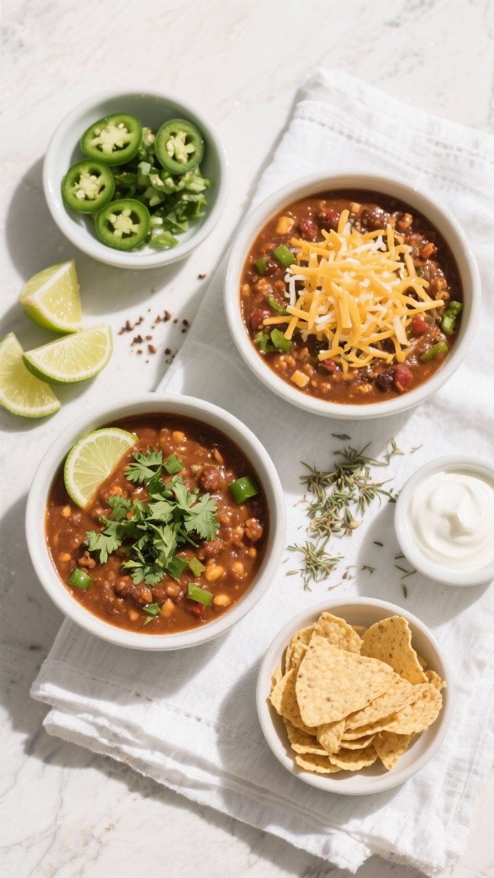 Overhead “toppings bar” top view: An overhead shot of the finished chili ladled into two bowls w