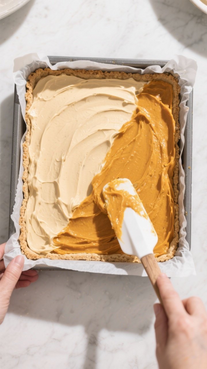 Process shot: Overhead view of the crust and filling assembly in an 8x8-inch parchment-lined pan—h