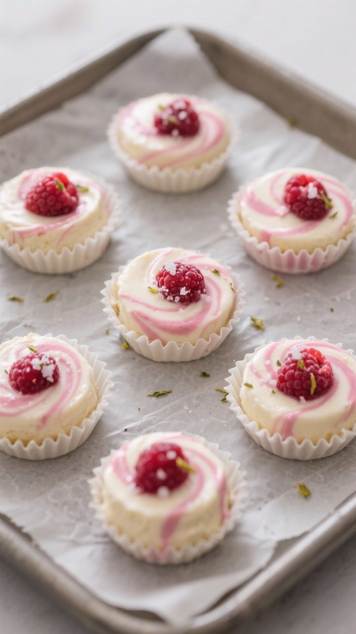 Ripple effect, overhead shot: Overhead view of keto raspberry cheesecake fat bombs just portioned in